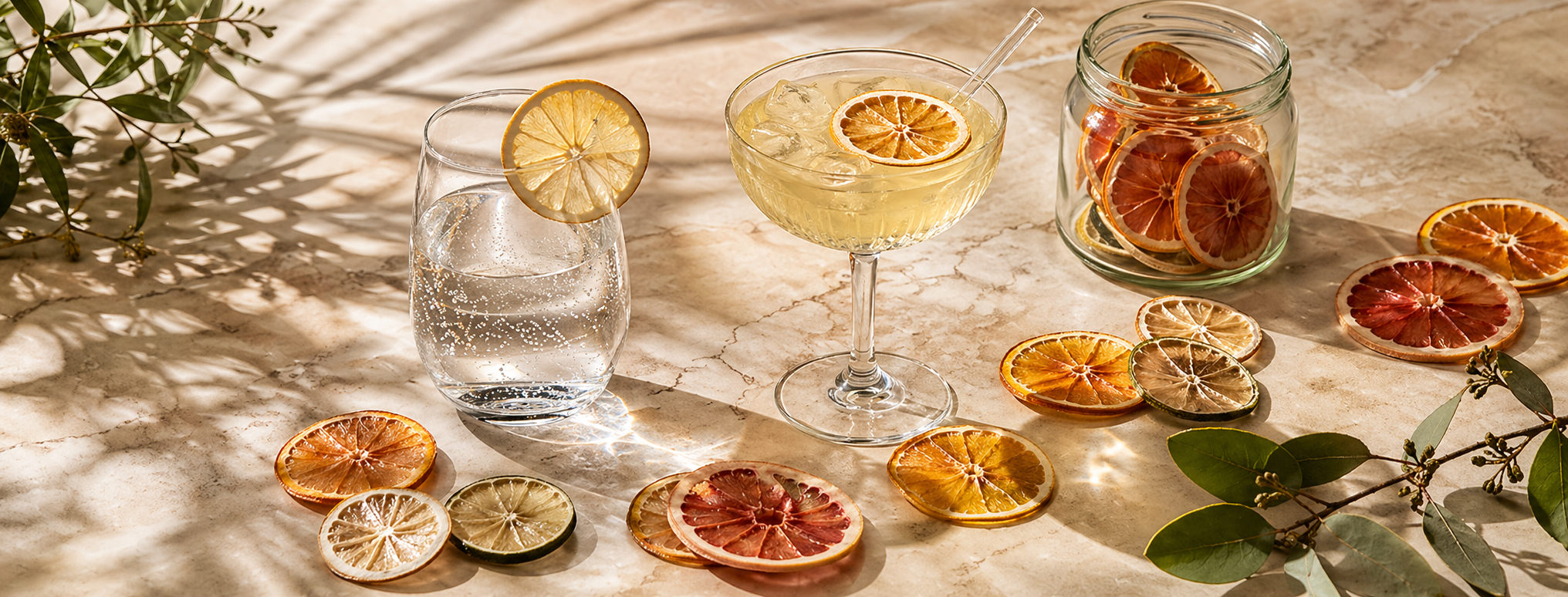 Sunlit editorial table scene with dehydrated citrus wheels, mixed dried fruit, sparkling water, and a coupe cocktail — Citrus & Co.