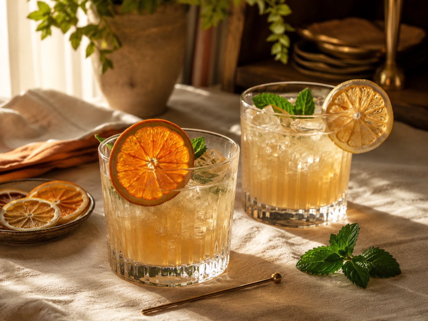 Dehydrated lemon and orange wheels styled on the rim of home cocktail glasses