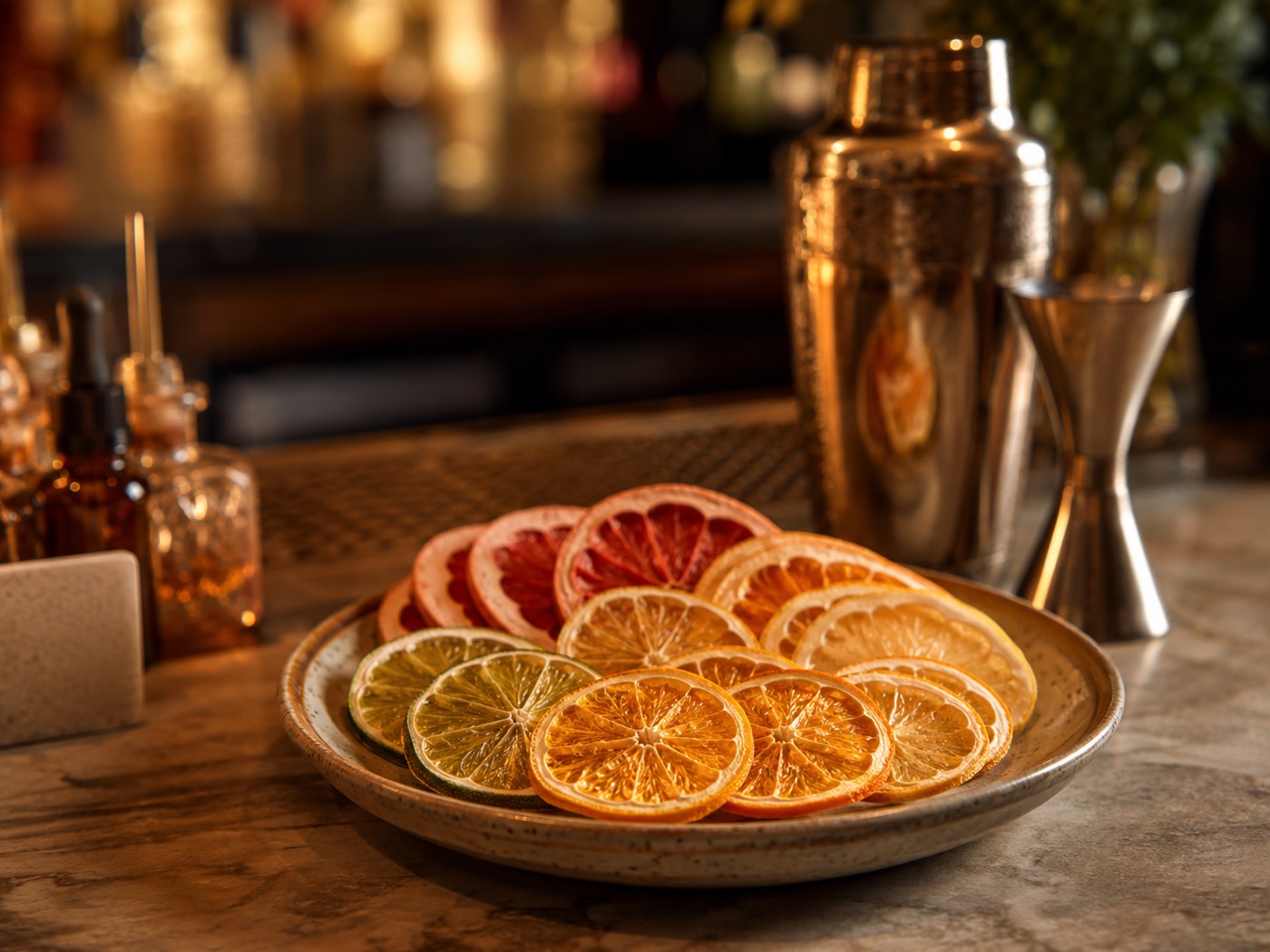 Dehydrated citrus wheels prepared for use as a bar garnish in a hotel setting