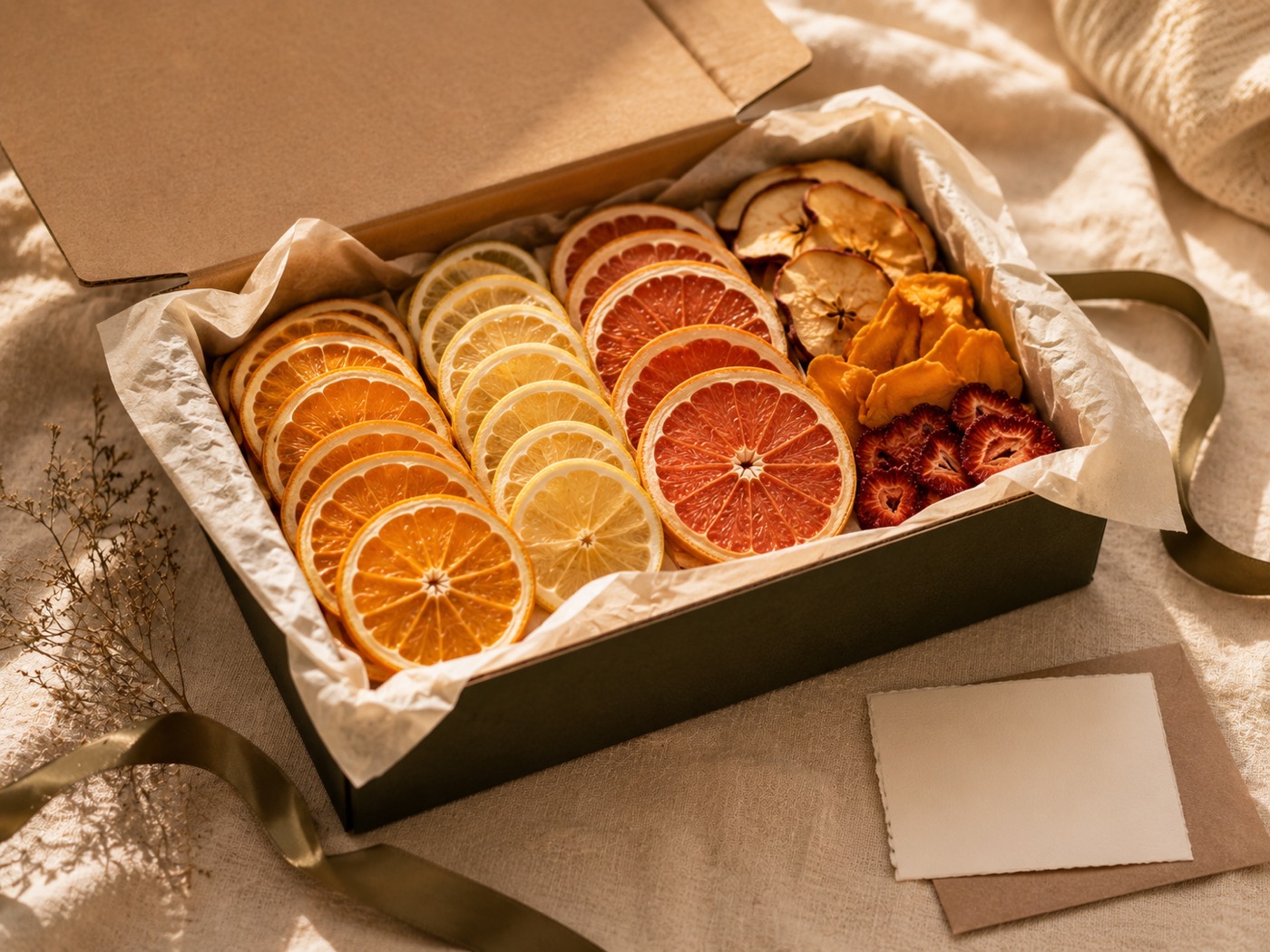 A dehydrated citrus and dried fruit gift box wrapped and ready for corporate gifting