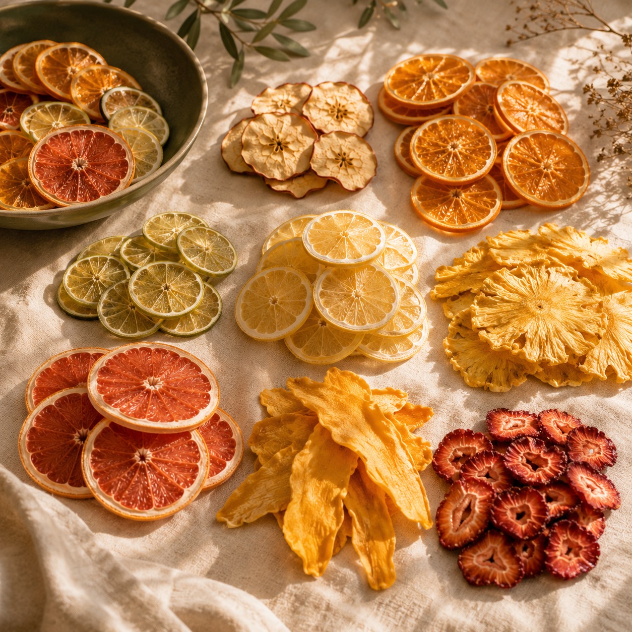 An assortment of dehydrated citrus wheels and dried fruit arranged on a table