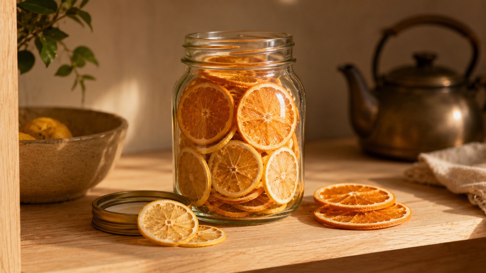 A resealed pouch and a glass jar of dried citrus wheels on a pantry shelf