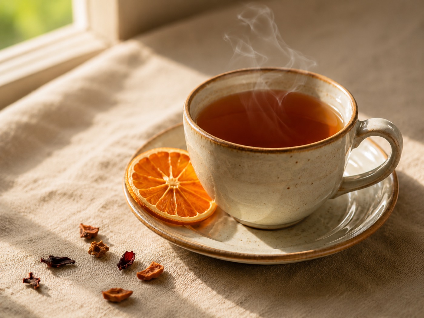 A cup of tea with a dehydrated citrus wheel resting on the saucer