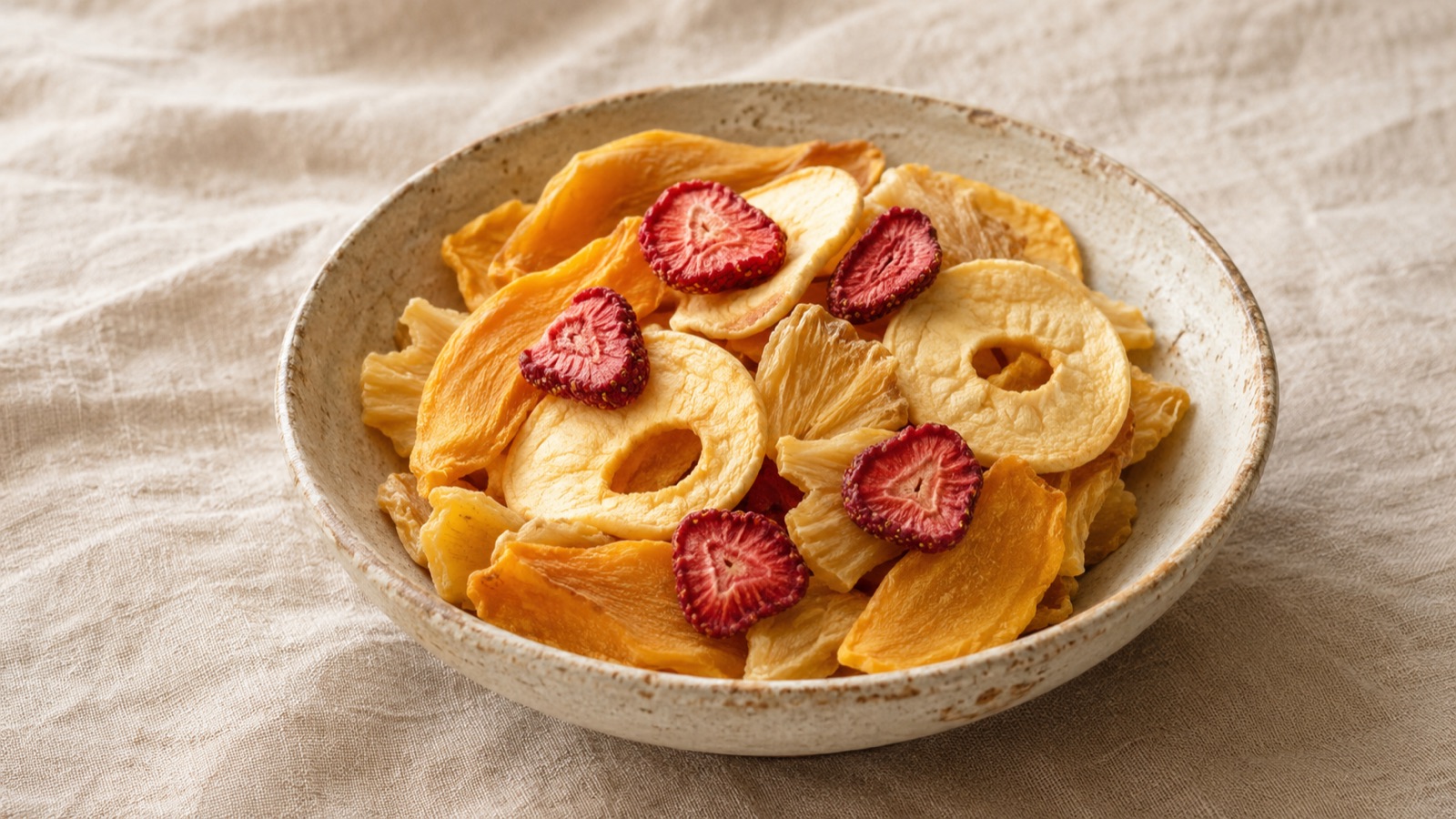 A bowl of mixed dried fruit including apple, mango, pineapple, and strawberry