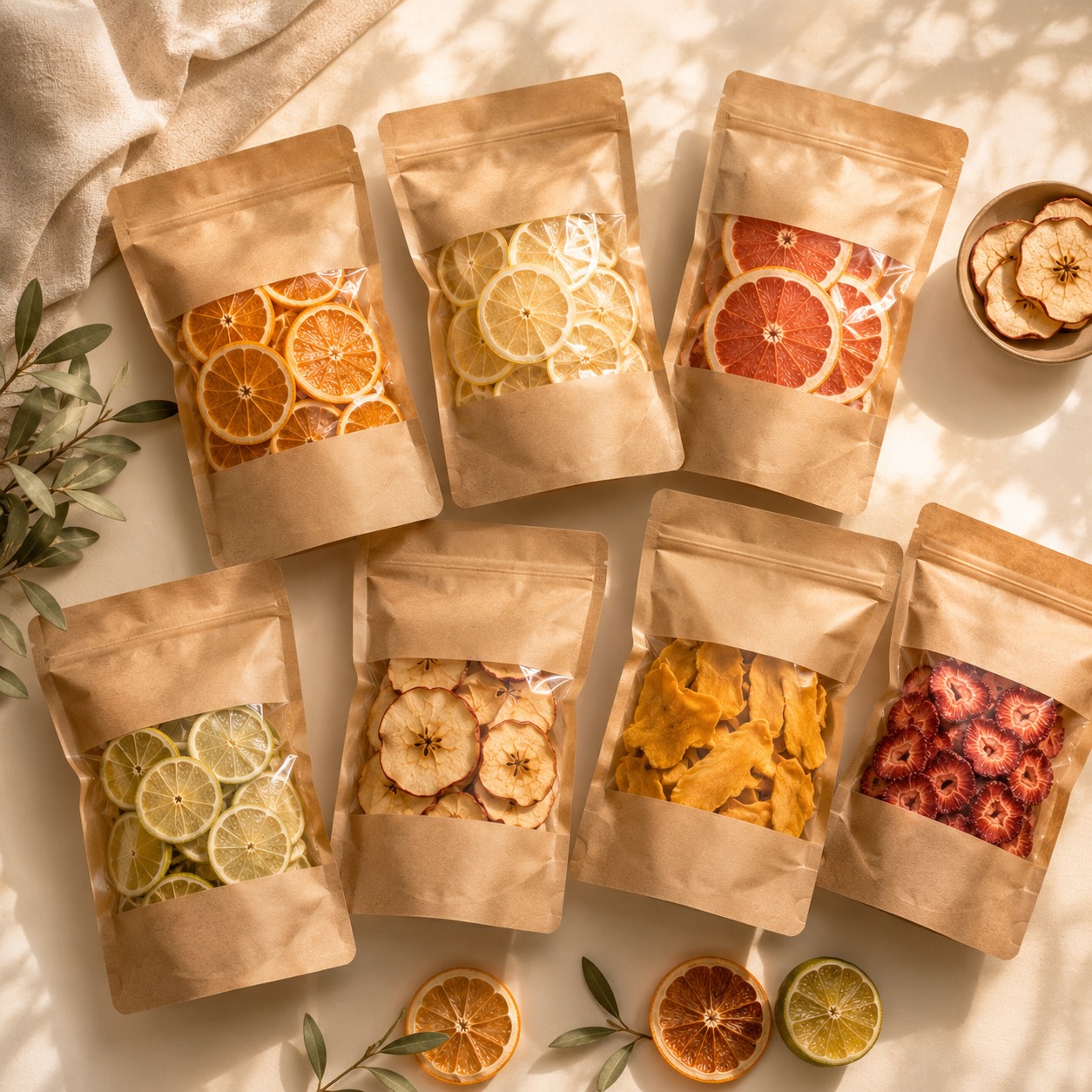 Resealable pouches of dehydrated citrus and dried fruit ready for direct order