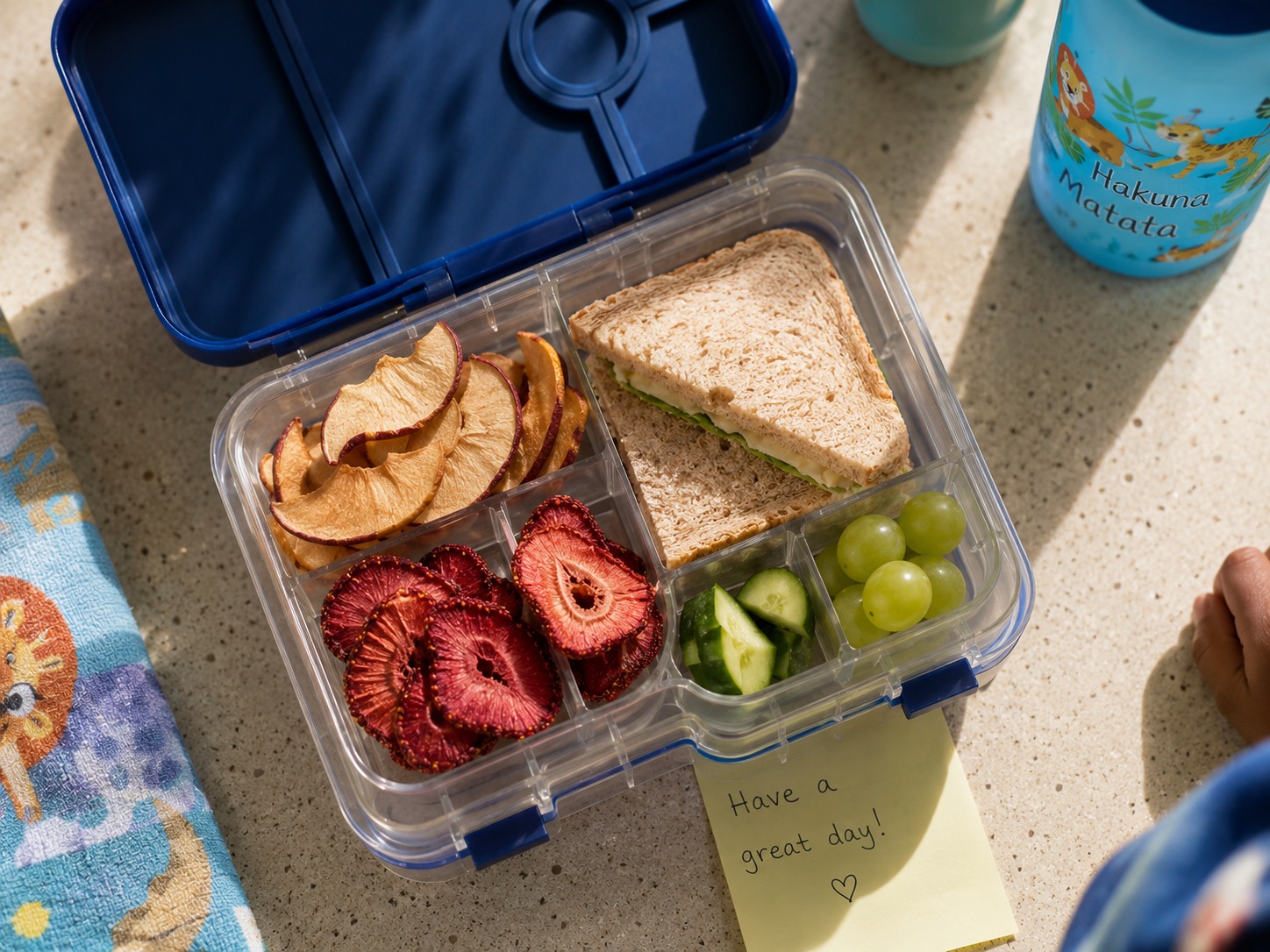 An open kids' lunchbox with dried apple and strawberry slices packed alongside other food
