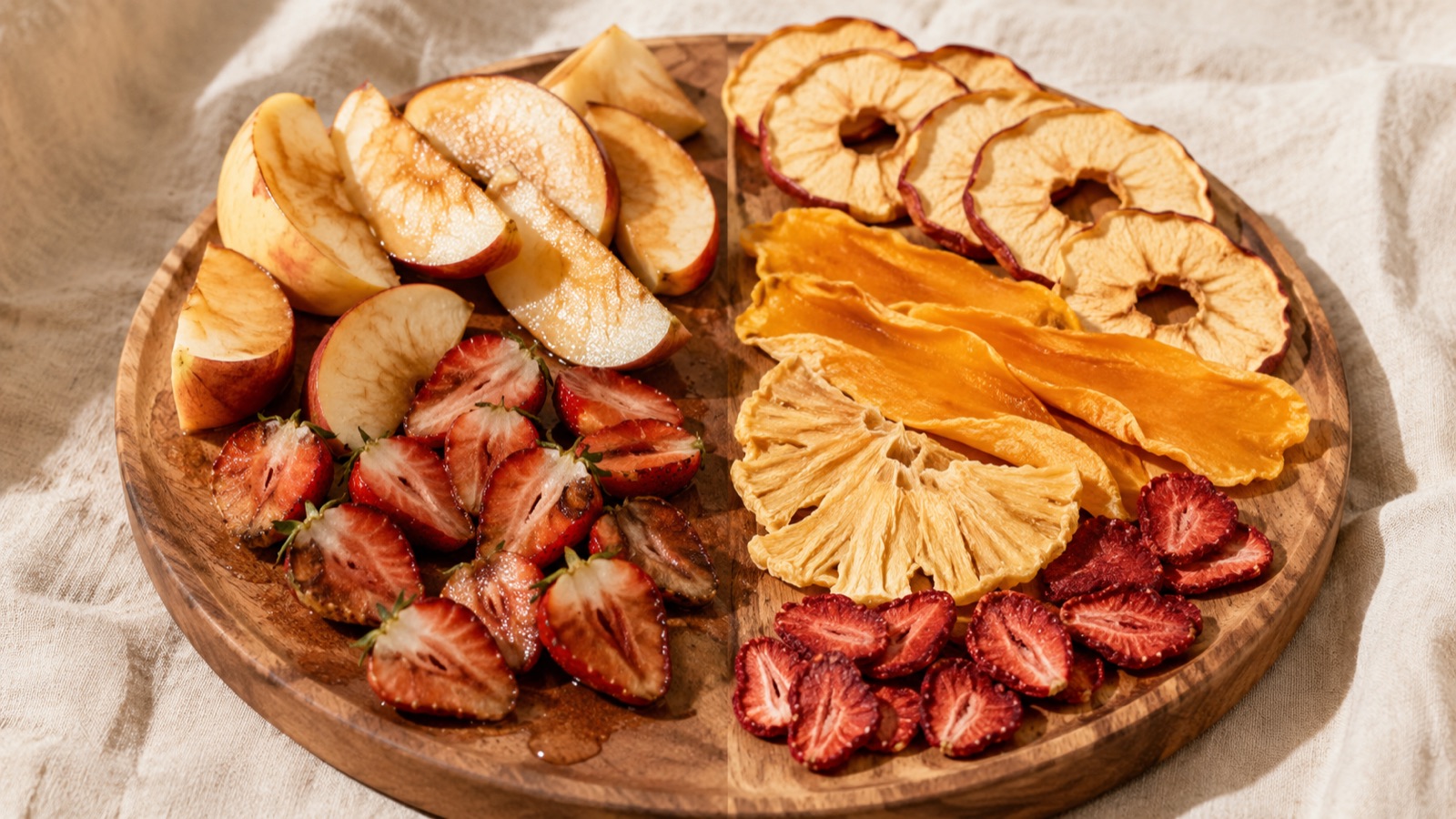 A grazing board split between fresh cut fruit and dried fruit for comparison
