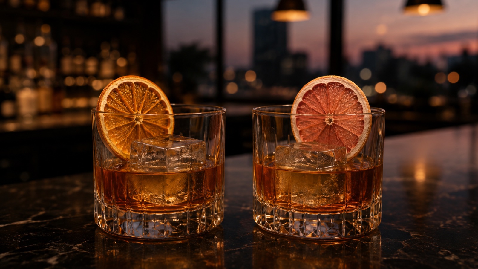 Two cocktails on a bar top, one garnished with a dried orange wheel and one with a dried grapefruit wheel