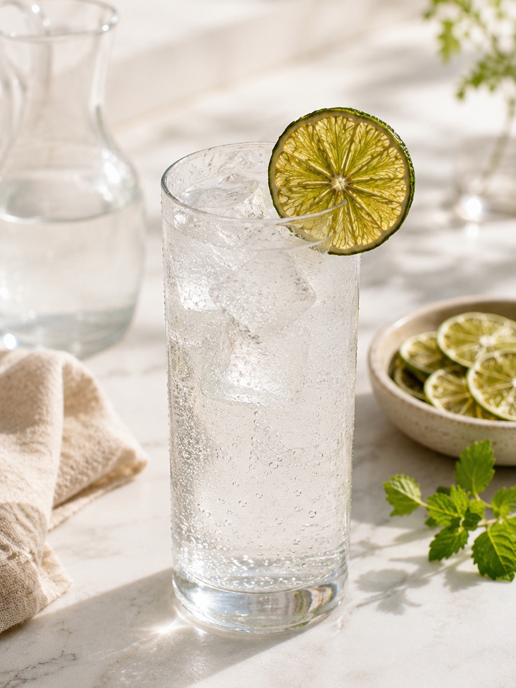 A glass of sparkling water garnished with a dried lime wheel