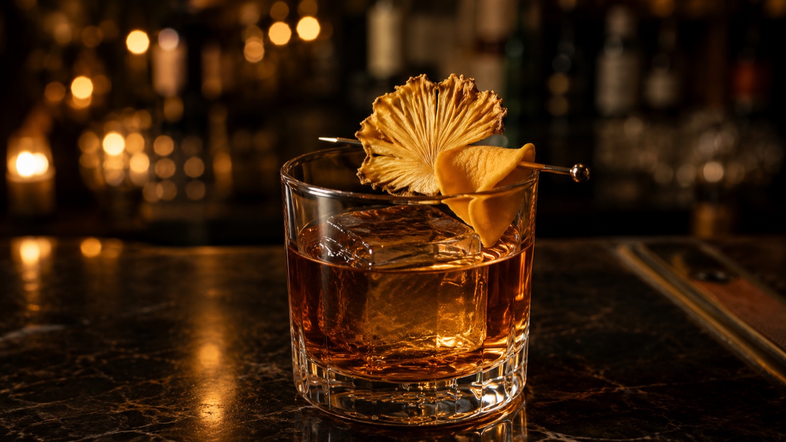 A rum cocktail garnished with a pick of dried pineapple and dried mango