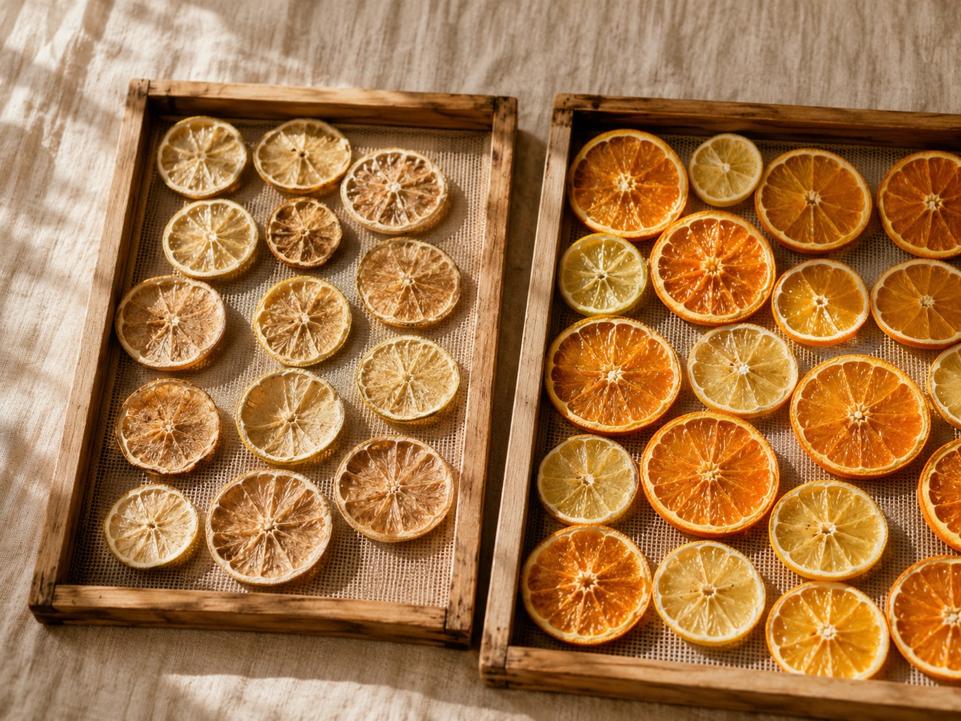 Trays of citrus wheels at various stages of slow dehydration