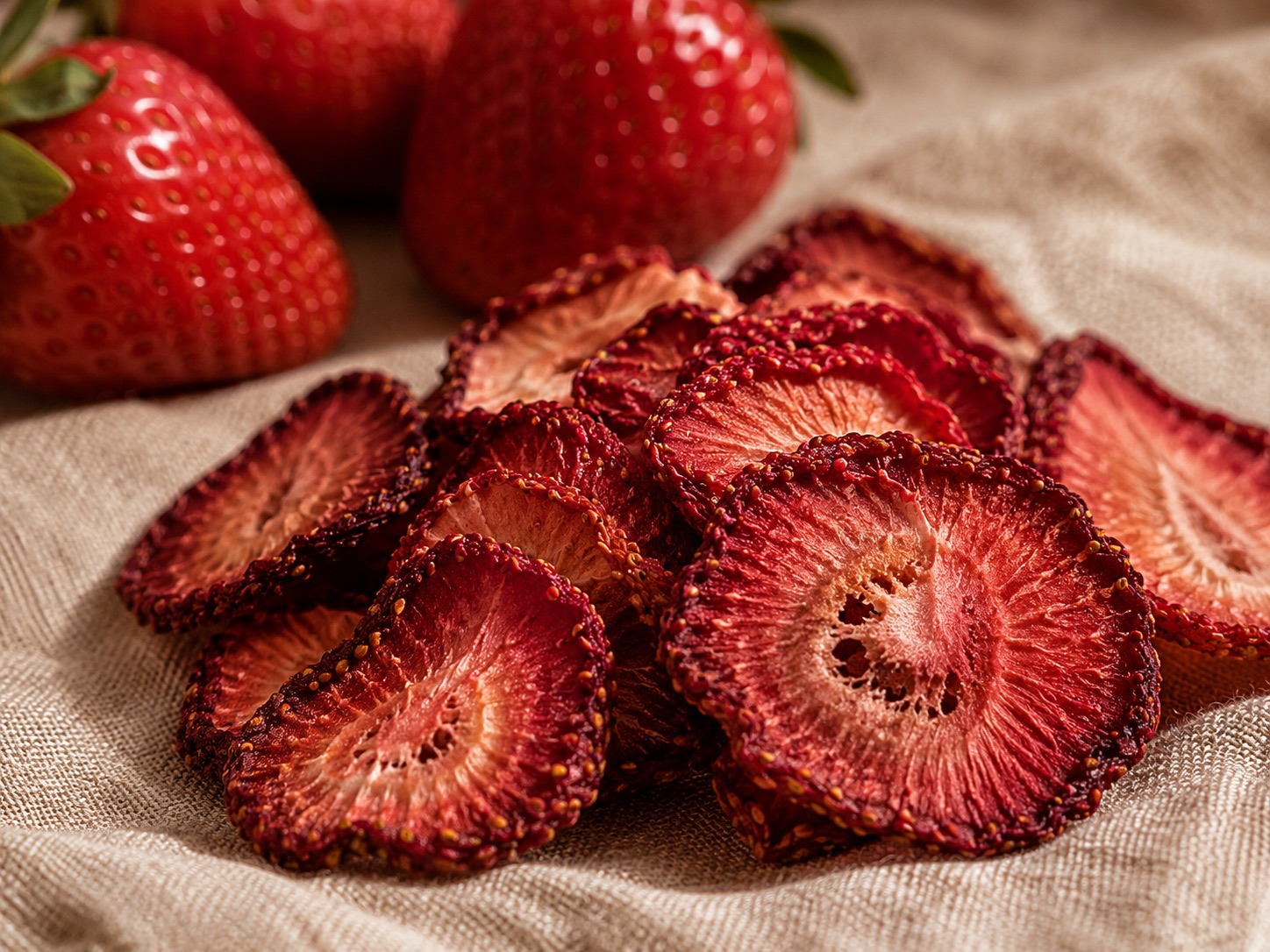 Dried strawberry slices fanned out on linen with fresh strawberries in the background