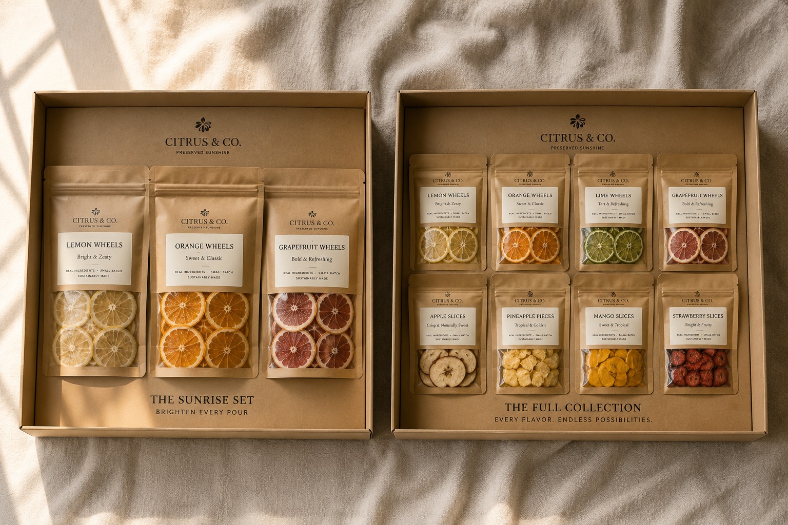 The Sunrise Set and The Full Collection boxes side by side with their pouches visible