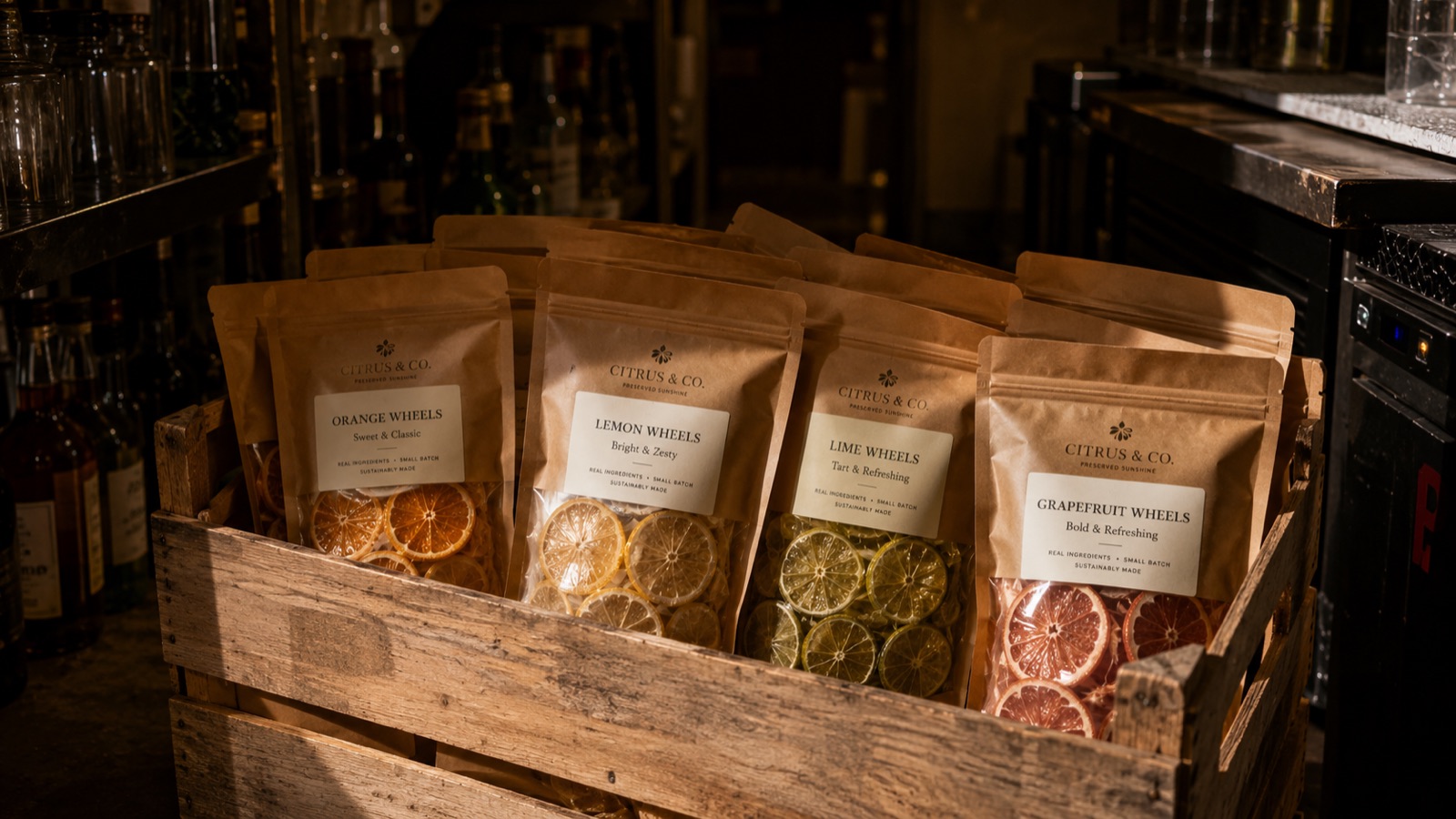 A wooden crate of citrus wheel pouches ready for delivery to a bar