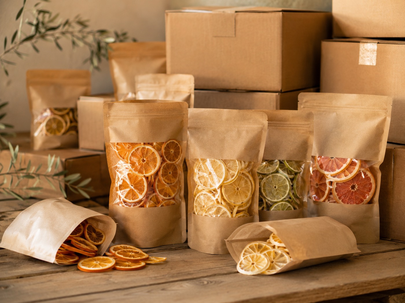 Bulk packaging of dehydrated citrus wheels prepared for a wholesale hotel order